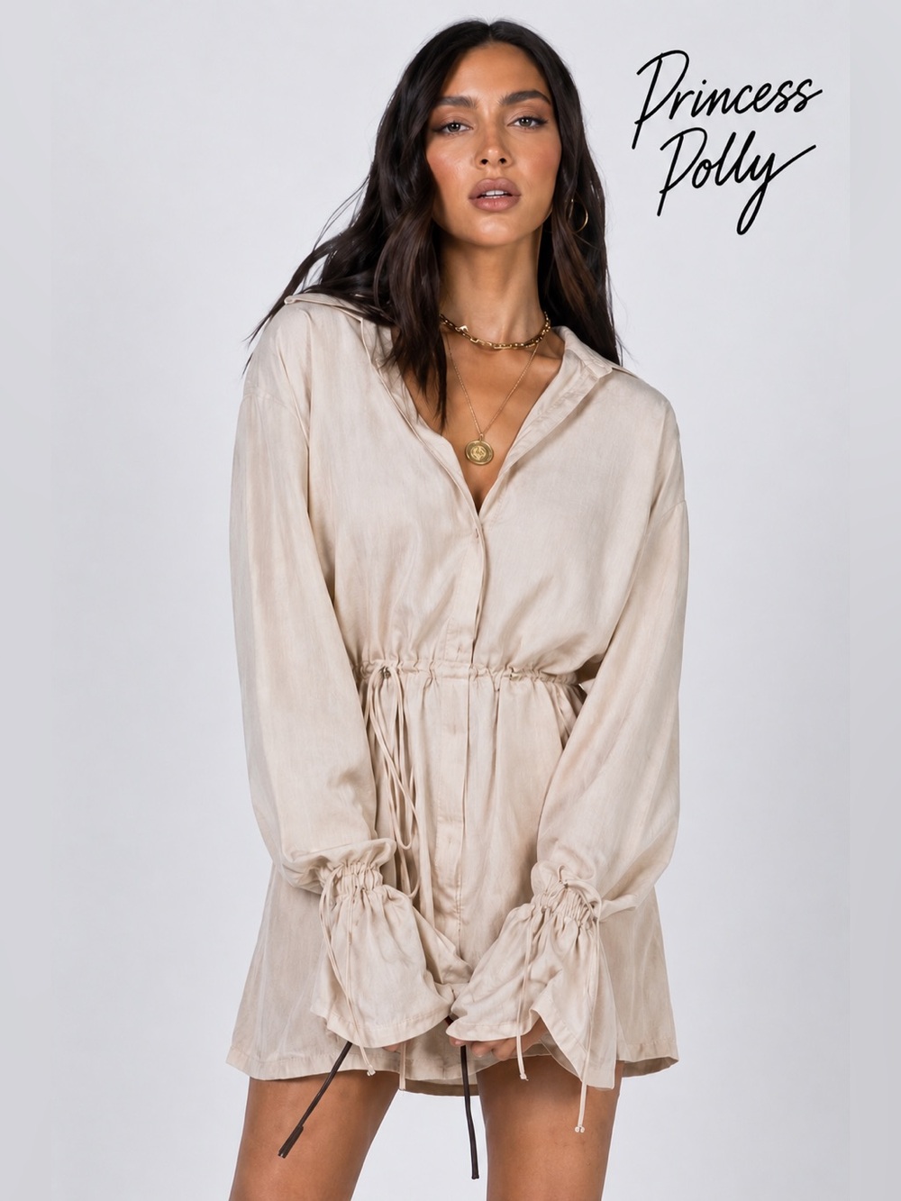 Princess Polly Champagne Satin Tie Sleeve Shirt Dress  Y2K Party Glam Size 6